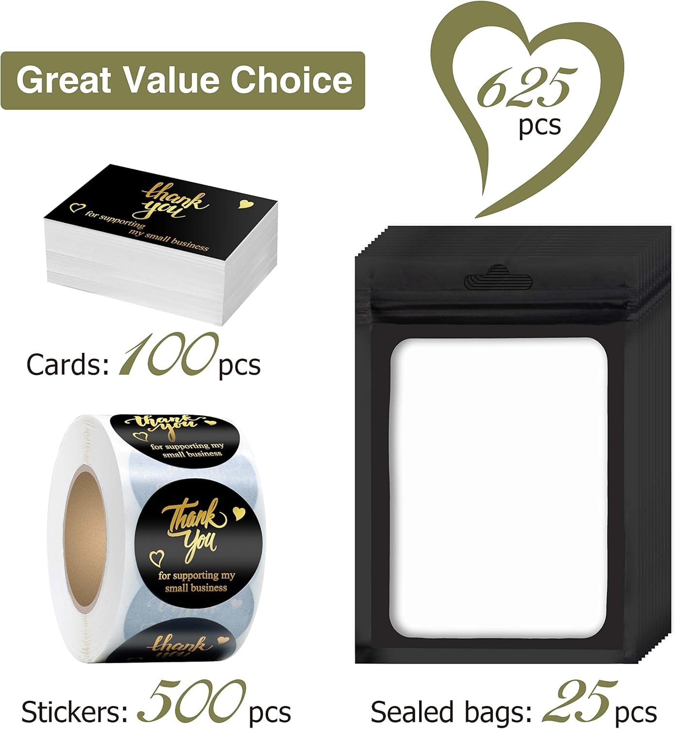 625 Pcs Thank You Stickers and Cards Set Include Resealable Packaging Bags 1.5 Inch Thanks for Supporting My Small Business Stickers and Grateful Business Cards, Suitable for Business Owners (Black)
