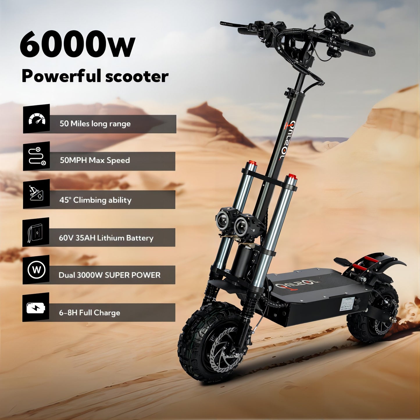 Electric Scooter with Seat, 6000W Power Dual Motor Top Speed 50MPH 60V 35Ah Battery 50 Miles Range, 11 Inch Off-Road Tires for Street Commuting and Limit Offroad