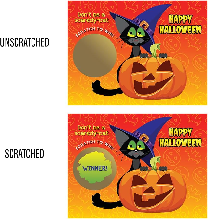 – 26 Pack Kitty Cat Witch Halloween Scratch off Cards, 3X4 Inch, Halloween Cards & Scratch off Game, Party Prizes