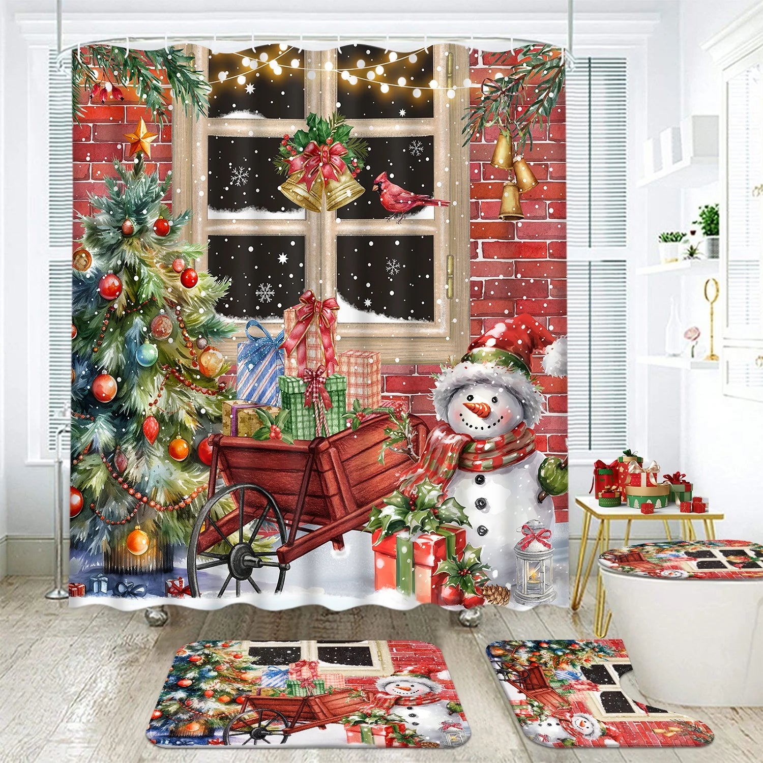 Merry Christmas Shower Curtain Sets with Rugs, Xmas Trees Snowman Bathroom Sets, Red Farmhouse Waterproof Fabric Shower Curtain with 12 Hooks and Toilet Rugs