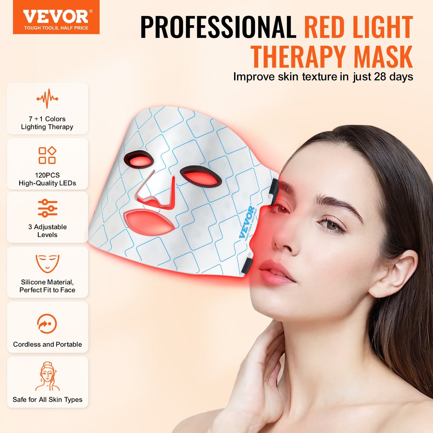 VEVOR Red Light Therapy Mask 7-Color LED Face Mask Light Therapy with 850Nm NIR