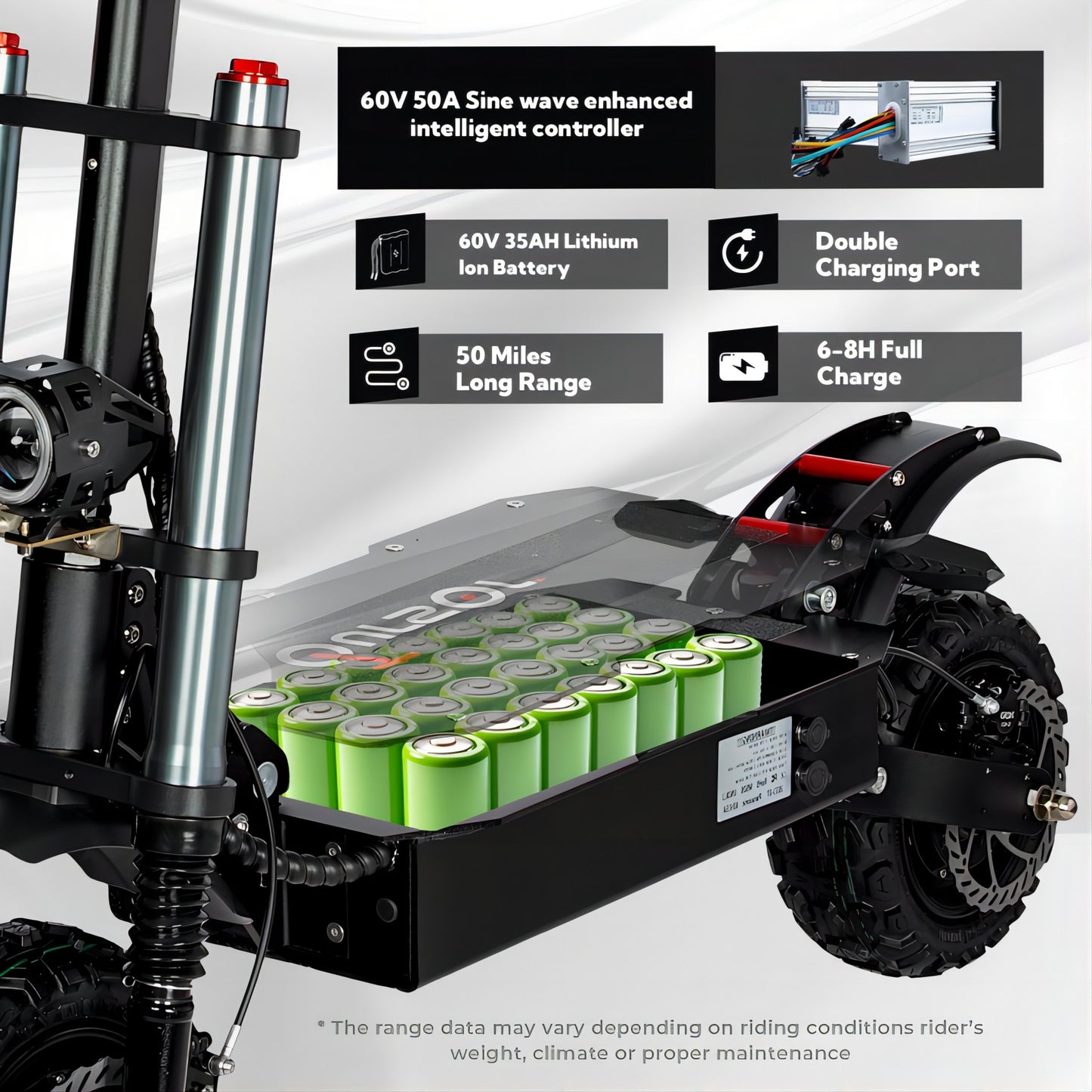 Electric Scooter with Seat, 6000W Power Dual Motor Top Speed 50MPH 60V 35Ah Battery 50 Miles Range, 11 Inch Off-Road Tires for Street Commuting and Limit Offroad