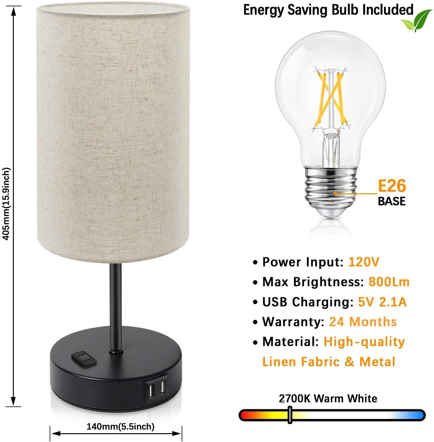 Set of 2 Touch Control 3-Way Dimmable Table Lamp with 2 USB Ports Modern Nightstand Lamp with AC Outlet Bedside Lamps with Fabric Shade Desk Lamp for Living Room Bedroom Hotel, Cream, Bulbs Included