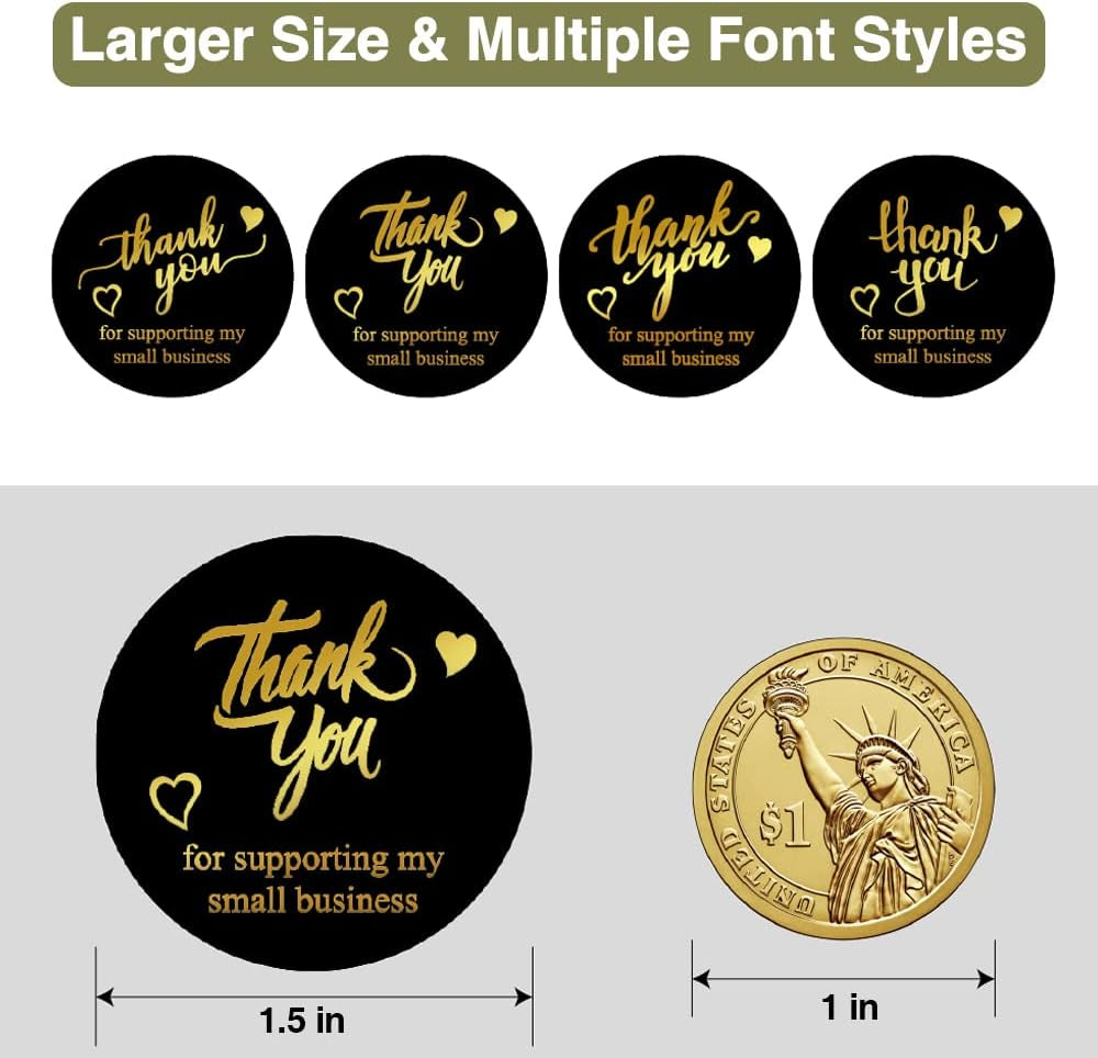 625 Pcs Thank You Stickers and Cards Set Include Resealable Packaging Bags 1.5 Inch Thanks for Supporting My Small Business Stickers and Grateful Business Cards, Suitable for Business Owners (Black)