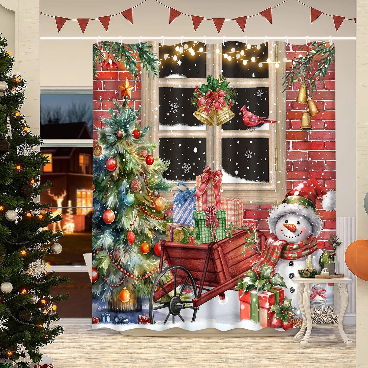 Merry Christmas Shower Curtain Sets with Rugs, Xmas Trees Snowman Bathroom Sets, Red Farmhouse Waterproof Fabric Shower Curtain with 12 Hooks and Toilet Rugs