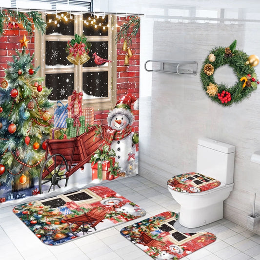 Merry Christmas Shower Curtain Sets with Rugs, Xmas Trees Snowman Bathroom Sets, Red Farmhouse Waterproof Fabric Shower Curtain with 12 Hooks and Toilet Rugs