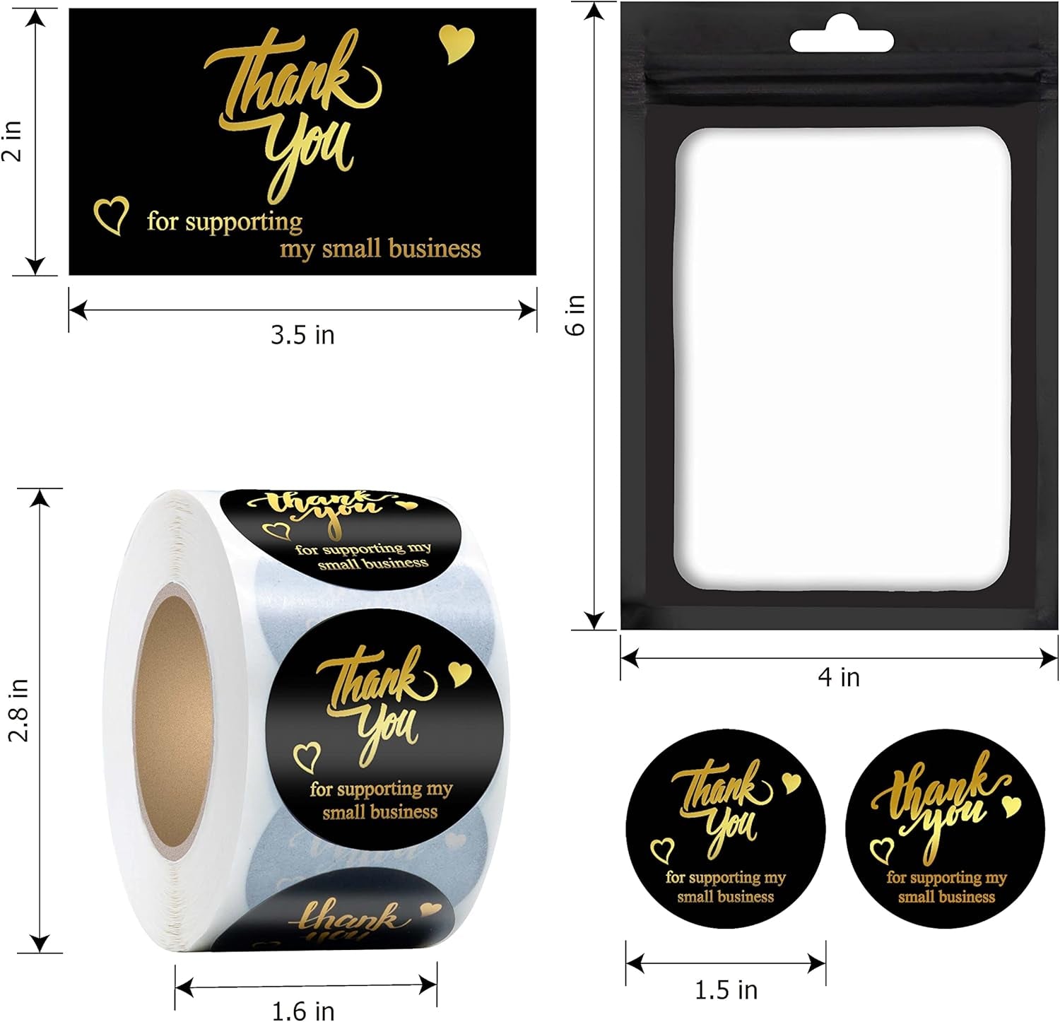 625 Pcs Thank You Stickers and Cards Set Include Resealable Packaging Bags 1.5 Inch Thanks for Supporting My Small Business Stickers and Grateful Business Cards, Suitable for Business Owners (Black)