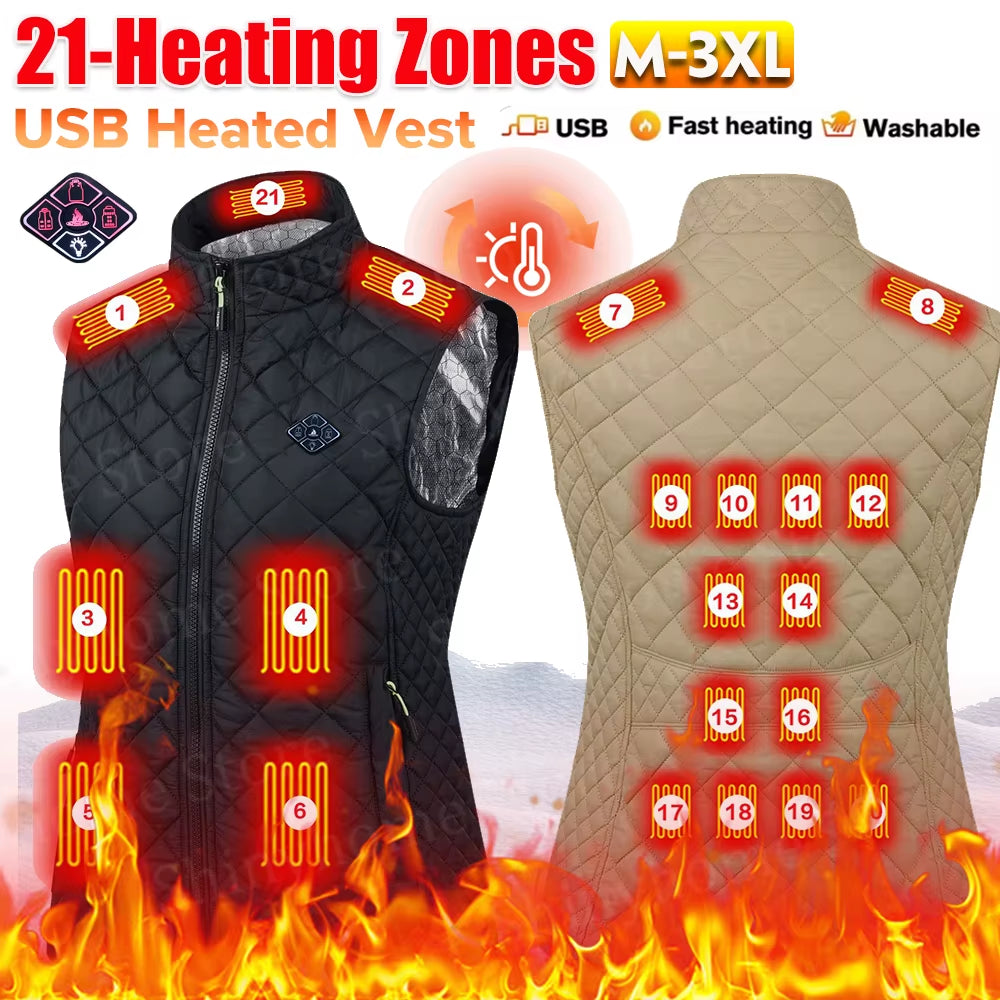 Women 21-Zone Electric Heating Vest Autumn and Winter Cotton Vest Electric Heating Thermal Vest Jackets Heated Coat for Women