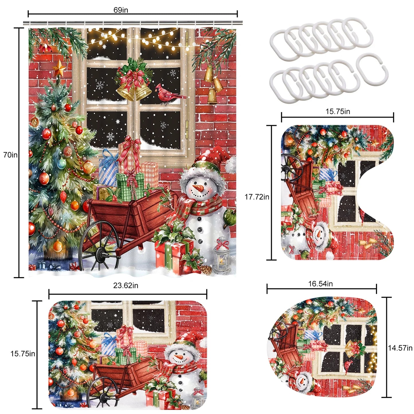 Merry Christmas Shower Curtain Sets with Rugs, Xmas Trees Snowman Bathroom Sets, Red Farmhouse Waterproof Fabric Shower Curtain with 12 Hooks and Toilet Rugs