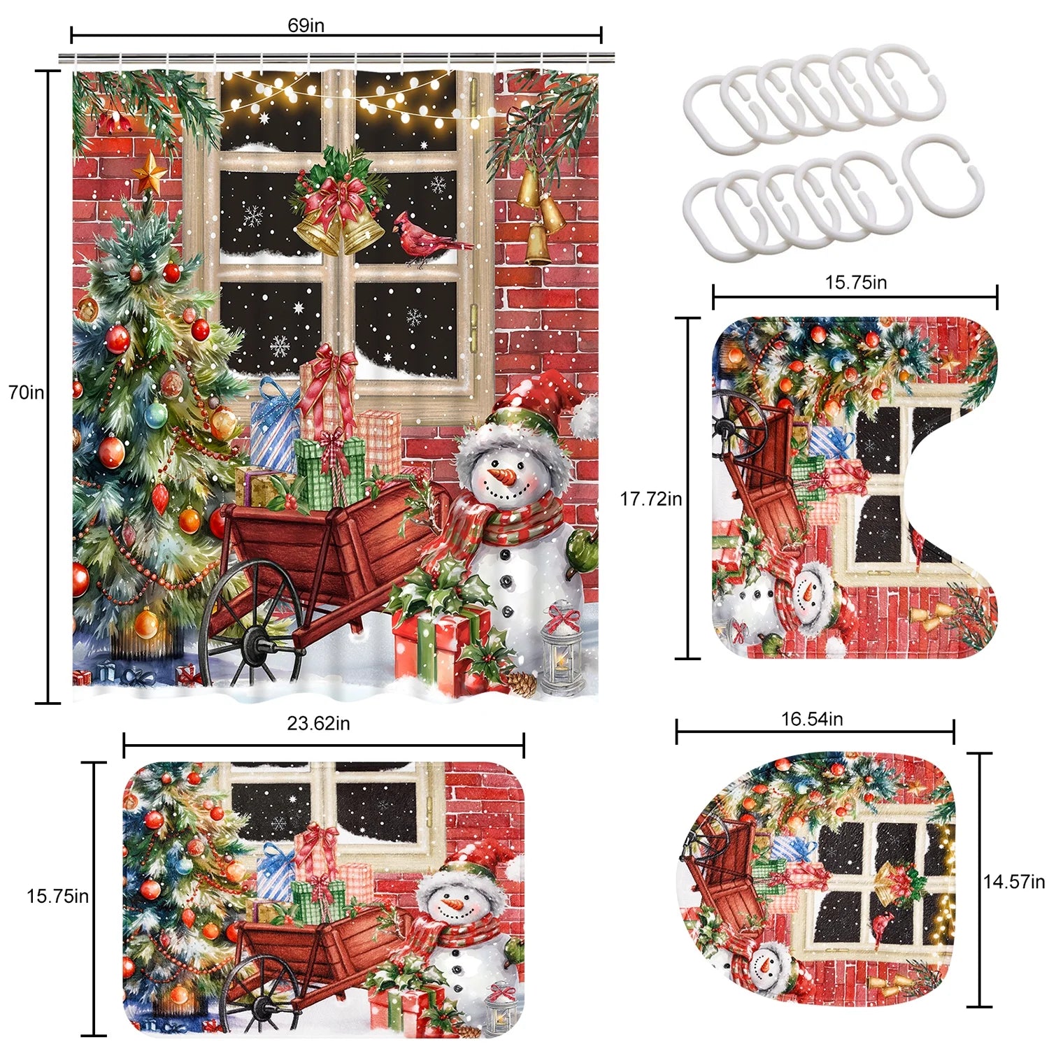 Merry Christmas Shower Curtain Sets with Rugs, Xmas Trees Snowman Bathroom Sets, Red Farmhouse Waterproof Fabric Shower Curtain with 12 Hooks and Toilet Rugs