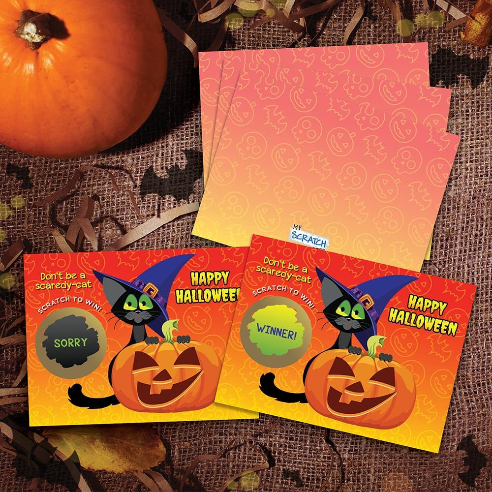 – 26 Pack Kitty Cat Witch Halloween Scratch off Cards, 3X4 Inch, Halloween Cards & Scratch off Game, Party Prizes