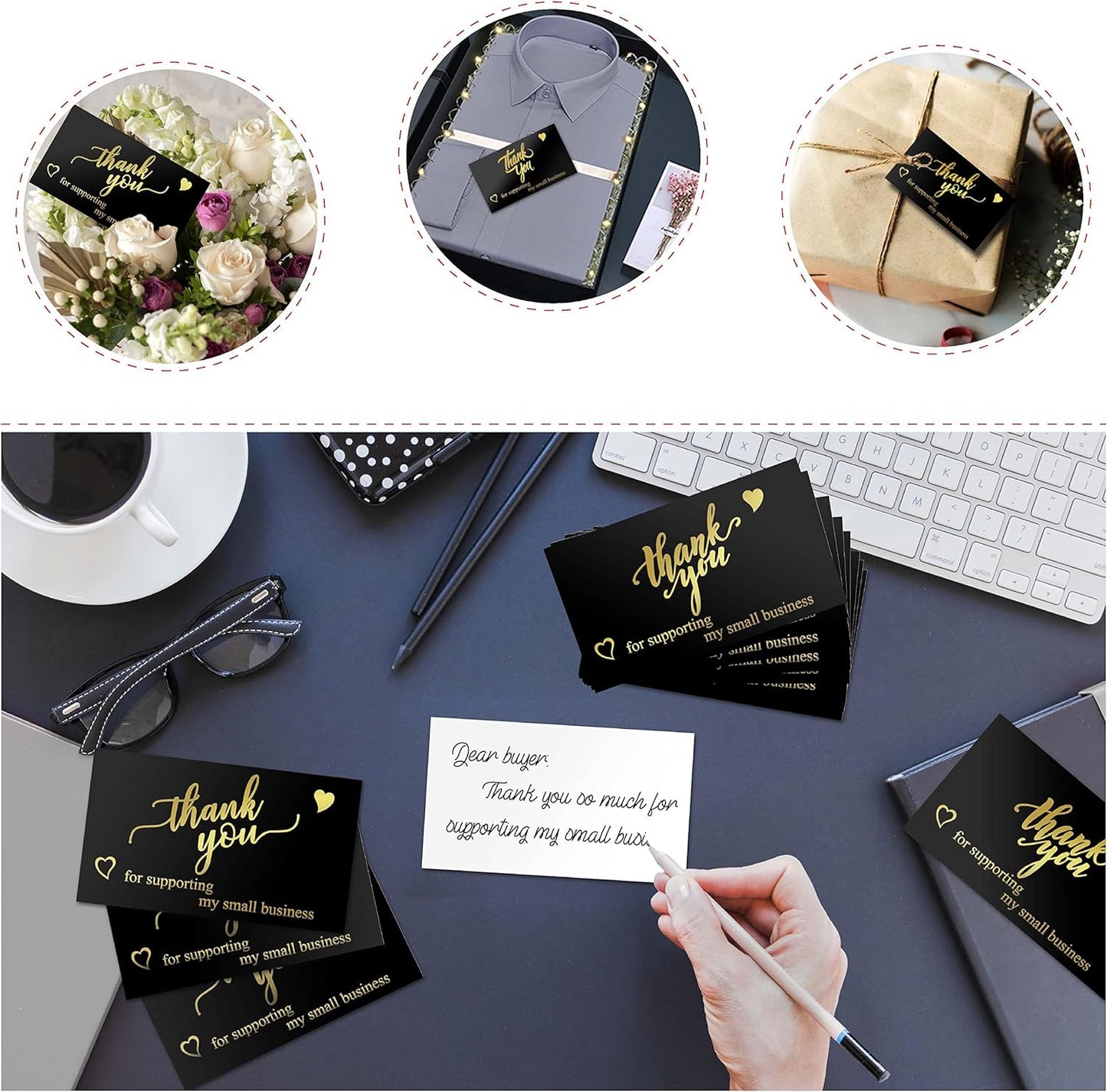 625 Pcs Thank You Stickers and Cards Set Include Resealable Packaging Bags 1.5 Inch Thanks for Supporting My Small Business Stickers and Grateful Business Cards, Suitable for Business Owners (Black)