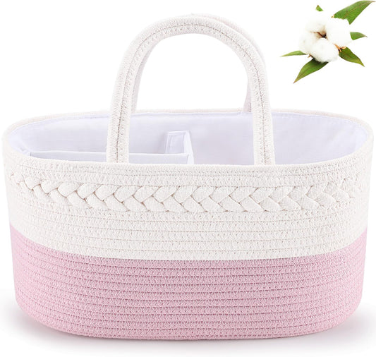Diaper Caddy Organizer - Cotton Rope Nursery Storage Basket for Baby Essentials, Boys & Girls Shower Gift, Changing Table Organizer, Pink