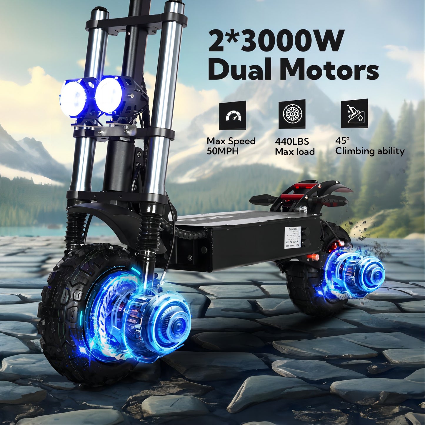 Electric Scooter with Seat, 6000W Power Dual Motor Top Speed 50MPH 60V 35Ah Battery 50 Miles Range, 11 Inch Off-Road Tires for Street Commuting and Limit Offroad