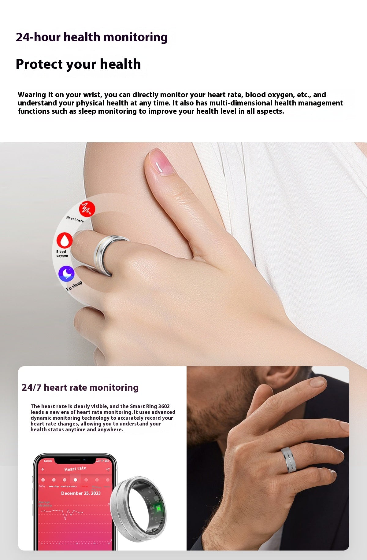 2024 Smart Ring for Men Women Heart Rate Blood Oxygen Monitoring Multi Sports Modes IP68 Waterproof Smart Rings for Android IOS