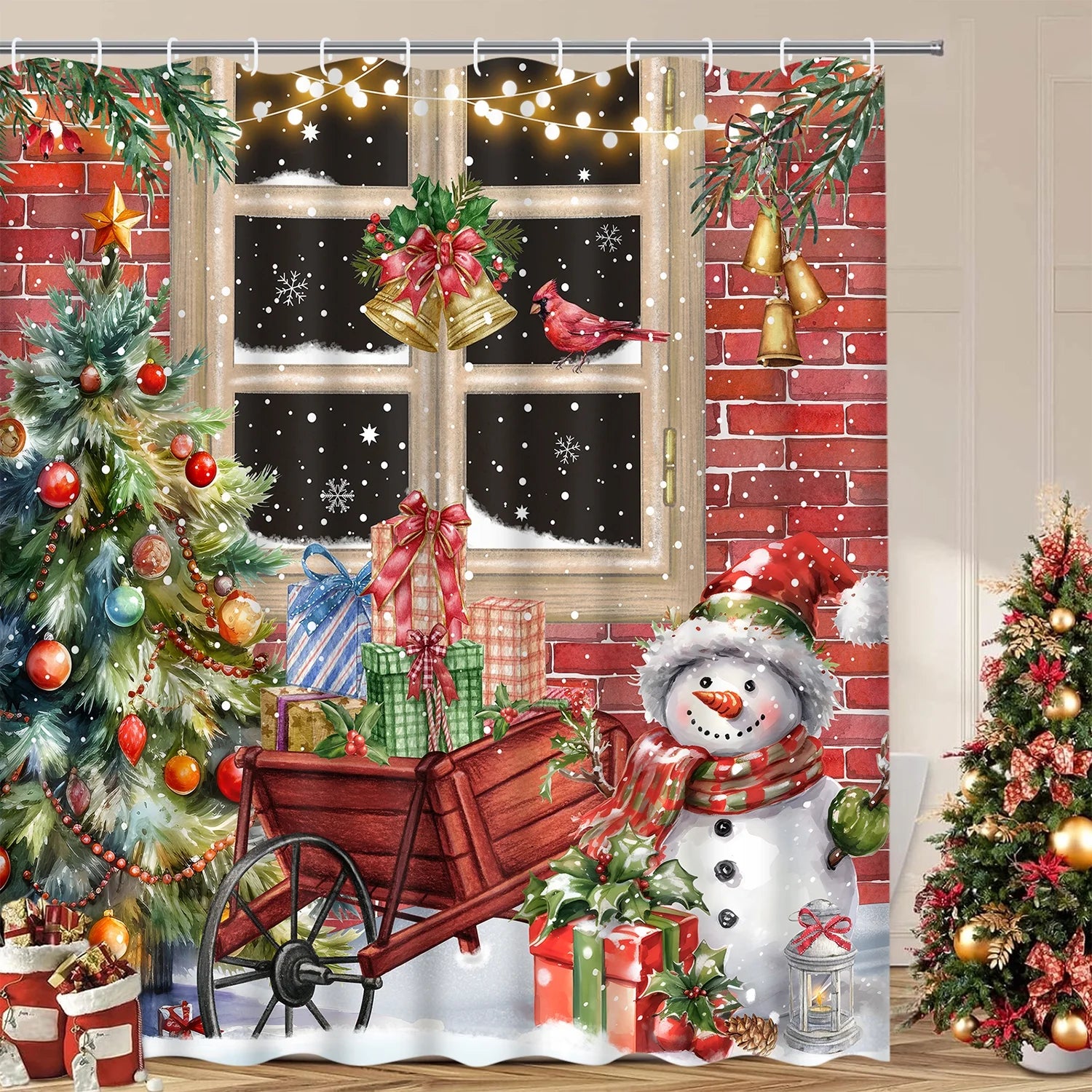 Merry Christmas Shower Curtain Sets with Rugs, Xmas Trees Snowman Bathroom Sets, Red Farmhouse Waterproof Fabric Shower Curtain with 12 Hooks and Toilet Rugs