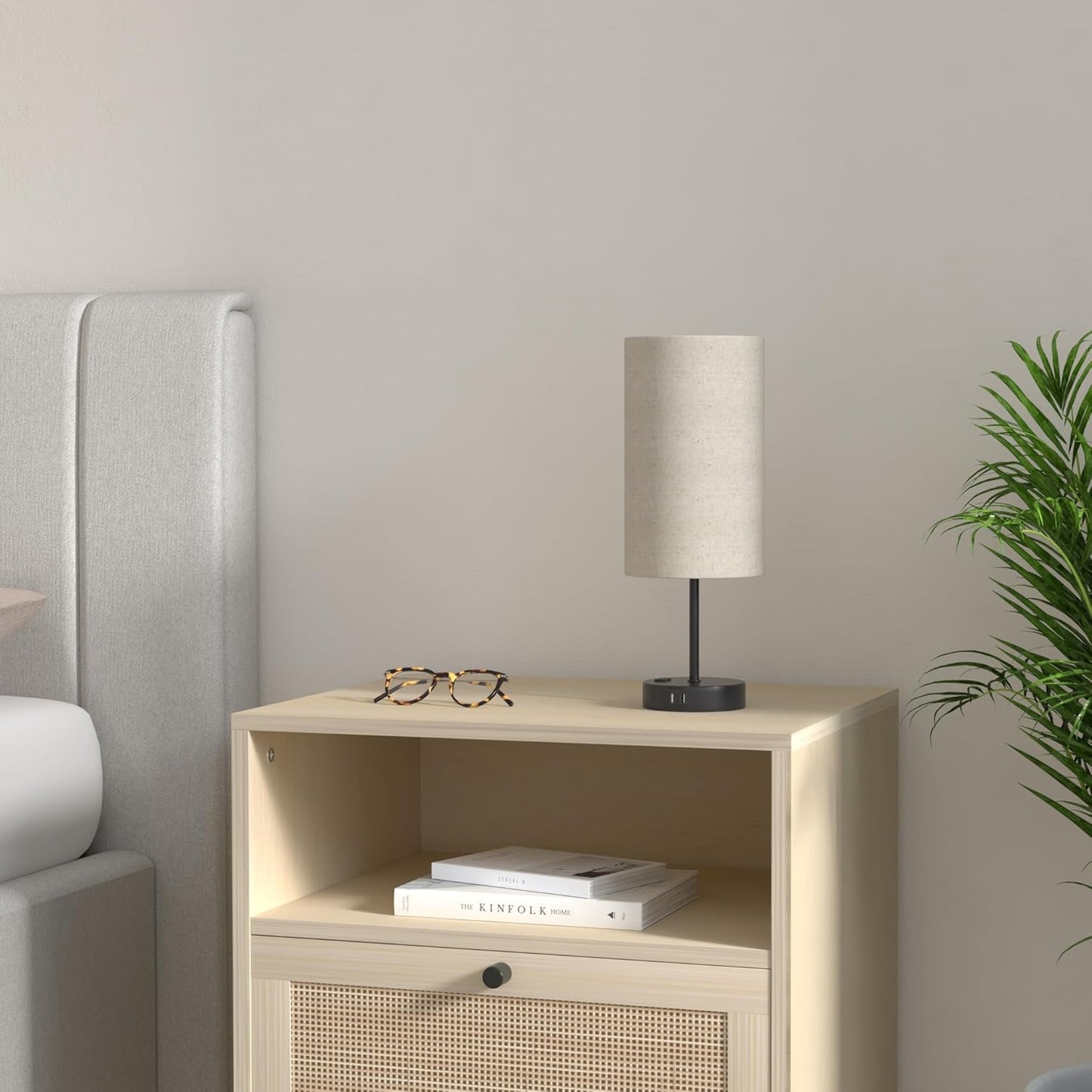 Set of 2 Touch Control 3-Way Dimmable Table Lamp with 2 USB Ports Modern Nightstand Lamp with AC Outlet Bedside Lamps with Fabric Shade Desk Lamp for Living Room Bedroom Hotel, Cream, Bulbs Included