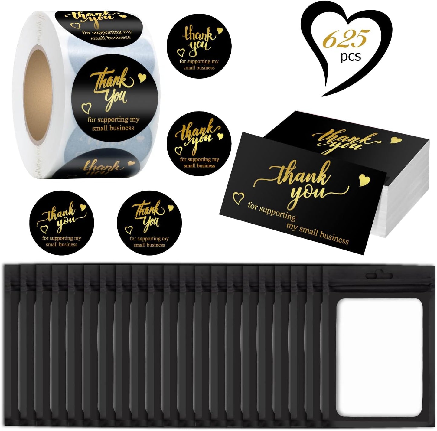 625 Pcs Thank You Stickers and Cards Set Include Resealable Packaging Bags 1.5 Inch Thanks for Supporting My Small Business Stickers and Grateful Business Cards, Suitable for Business Owners (Black)