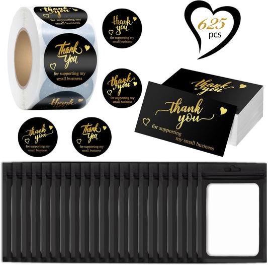 625 Pcs Thank You Stickers and Cards Set Include Resealable Packaging Bags 1.5 Inch Thanks for Supporting My Small Business Stickers and Grateful Business Cards, Suitable for Business Owners (Black)