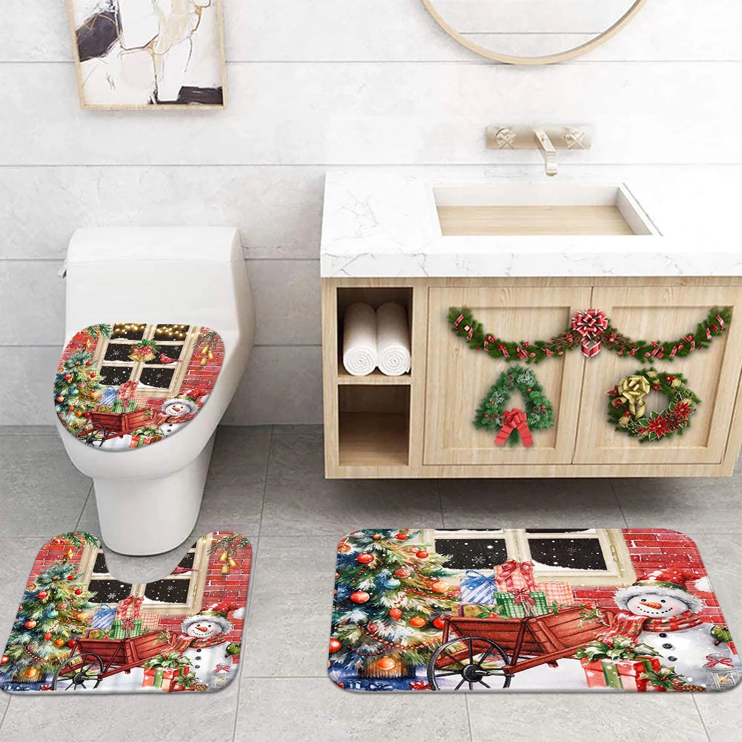 Merry Christmas Shower Curtain Sets with Rugs, Xmas Trees Snowman Bathroom Sets, Red Farmhouse Waterproof Fabric Shower Curtain with 12 Hooks and Toilet Rugs