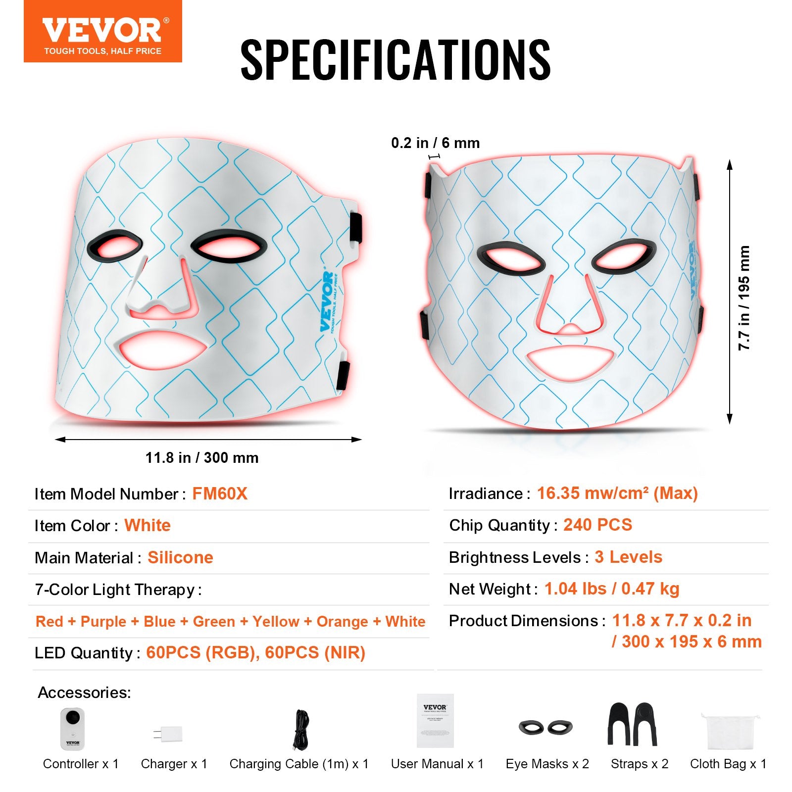 VEVOR Red Light Therapy Mask 7-Color LED Face Mask Light Therapy with 850Nm NIR
