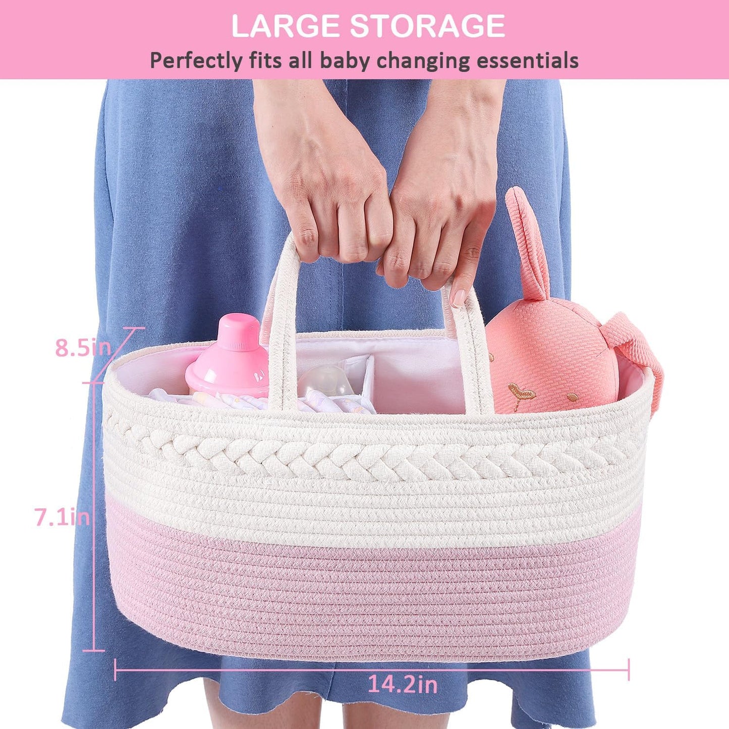 Diaper Caddy Organizer - Cotton Rope Nursery Storage Basket for Baby Essentials, Boys & Girls Shower Gift, Changing Table Organizer, Pink